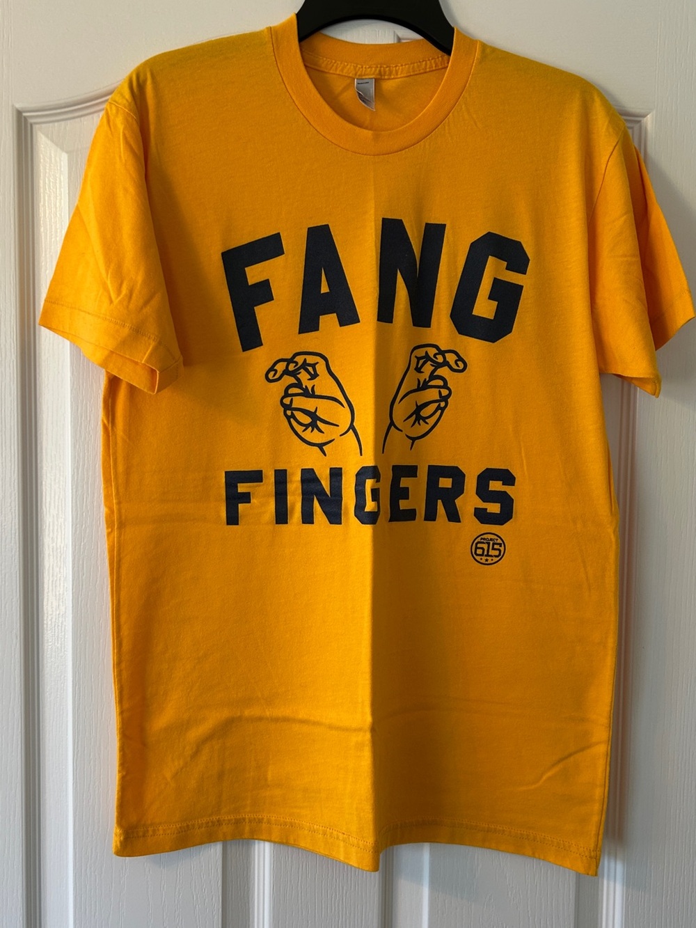 American Apparel Yellow Tee with Navy 'Fang Fingers' Graphic